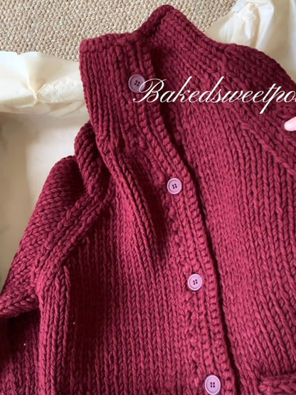 Berry Red Stand-Collar Wool Cardigan Coat – Thick-Needle Premium Knit (Women)