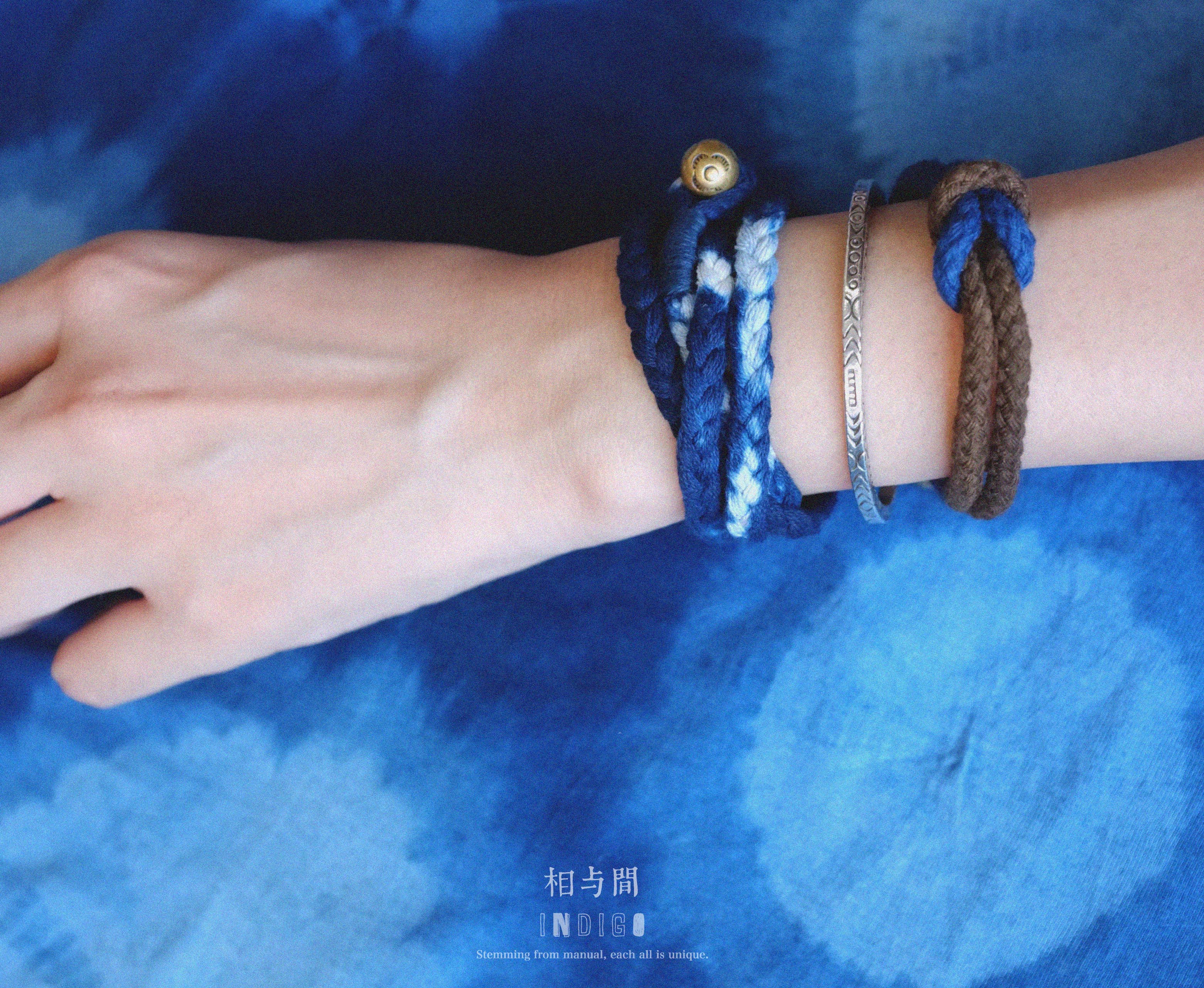 Original Blue Dyed Bracelet Chinese Retro INDIGO Tie-Dye Bracelet Multi-Turn Three-Strand Braided Couple Bracelet