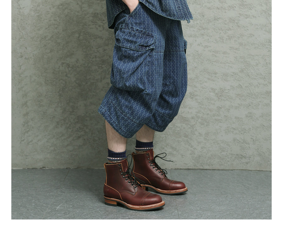 Blue Dyed Jacquard Loose Fit Scimitar Cropped Pants Japanese Retro Style with Large Pockets Casual Mid-Length Shorts