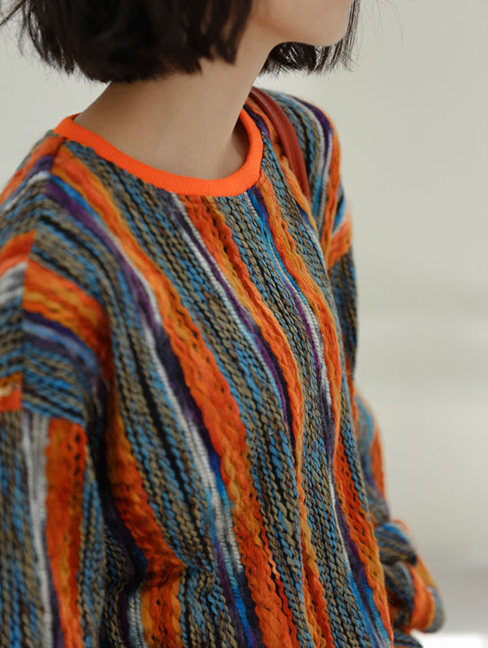 Colorful Striped Lazy Pullover Sweater – Thickened Crew-Neck Loose Fit (Women)