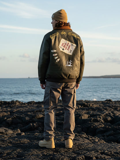 American Retro Leather Cotton Jacket - Lamb Wool Embroidered Coat (Men)