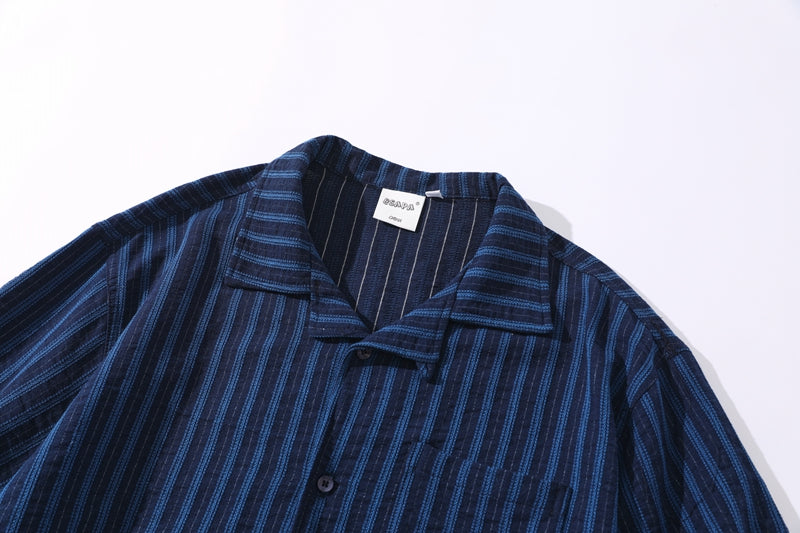 Pure Cotton Blue Striped Cuban-Collar Shirt – Japanese Retro, Loose Fit, Summer Essential