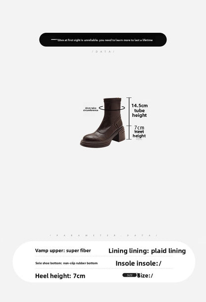 Women's Retro Genuine Leather Martin Boots - Brown Cowhide Thick-Soled Back-Zip Chunky Heel Boots