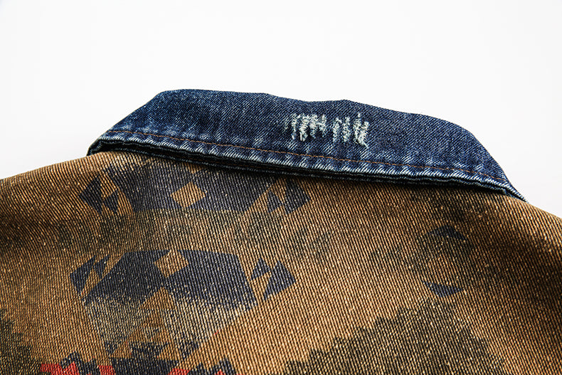 Shanwu Patchwork Blue Lapel Jacket – Retro American Streetwear, Unisex