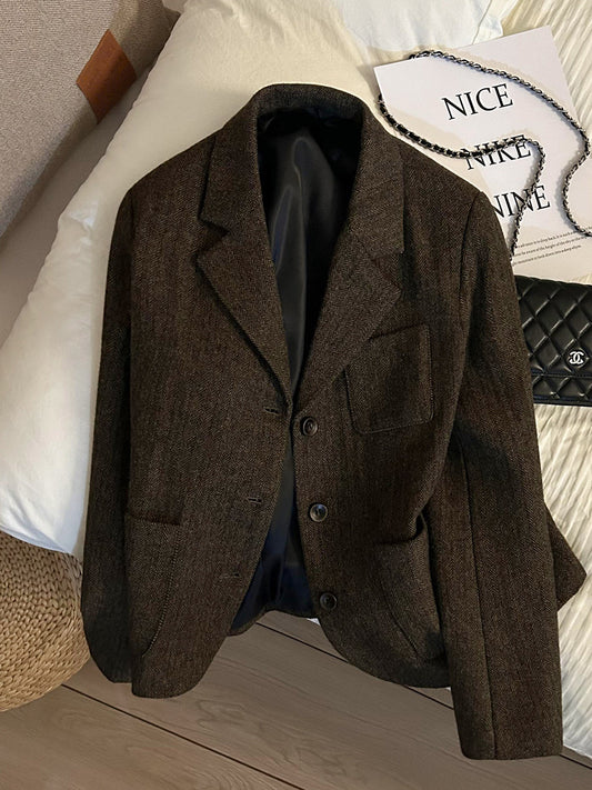 Coffee Retro Herringbone Wool Blazer - High-End Fashion Jacket 2025 (Women)