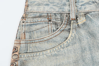 Beauty tide retro old hole patch 3D printing jeans dyed loose wide-leg pants