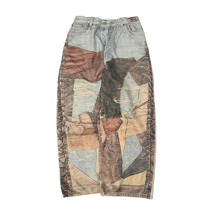 Beauty tide retro old hole patch 3D printing jeans dyed loose wide-leg pants
