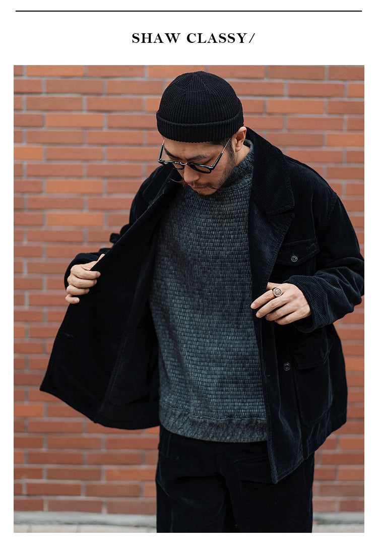 Retro Corduroy Double-Breasted Peak-Lapel Blazer – Loose 70s-Style Vintage Coat