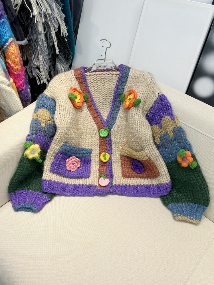 French Heavy Craft Pure Handmade Thick Knitted Color-Block Vintage Style 3D Crochet Sweater Cardigan for Women