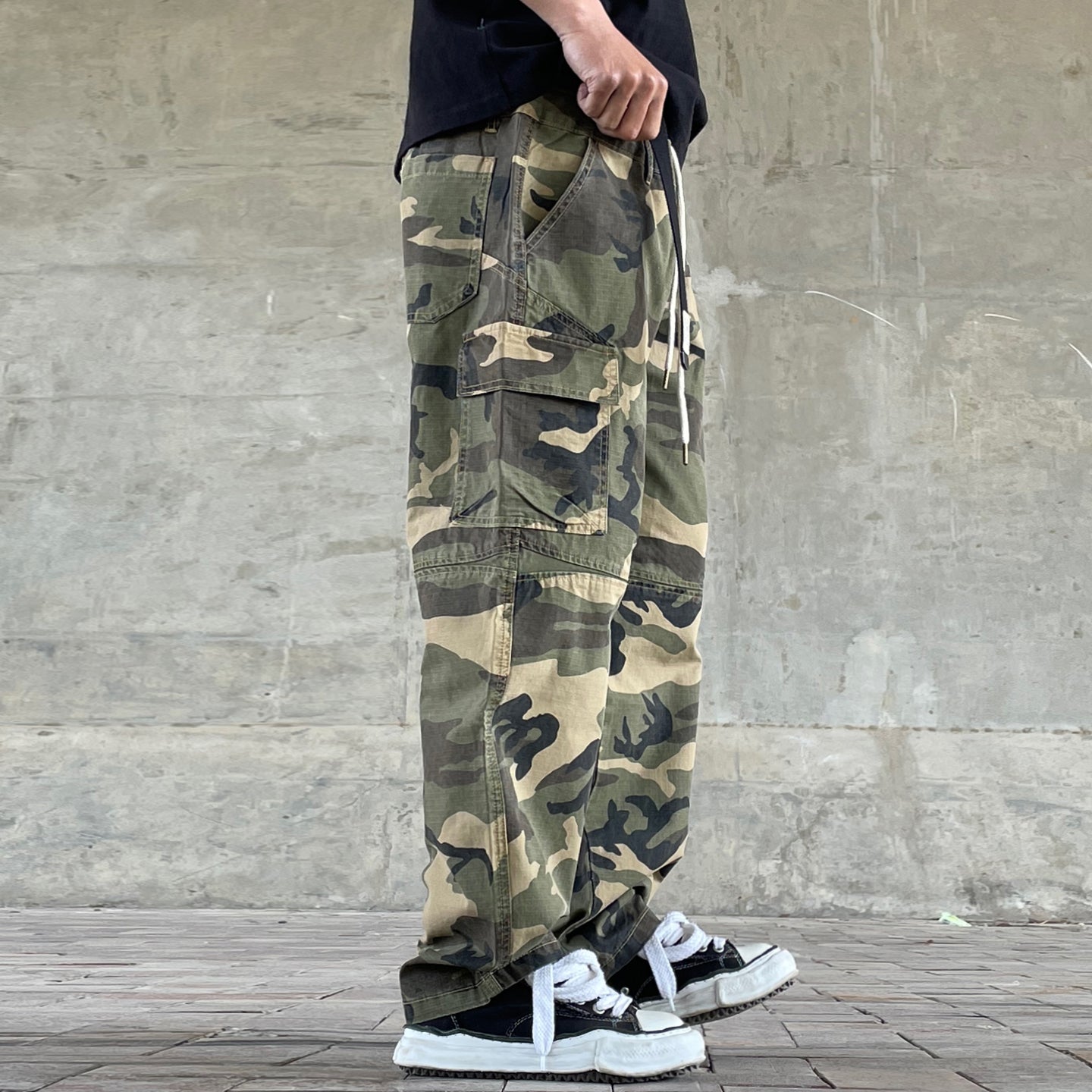 Men's American Street Retro Cargo Pants - Camouflage Heavy Washed Ripped Straight-Leg Pants