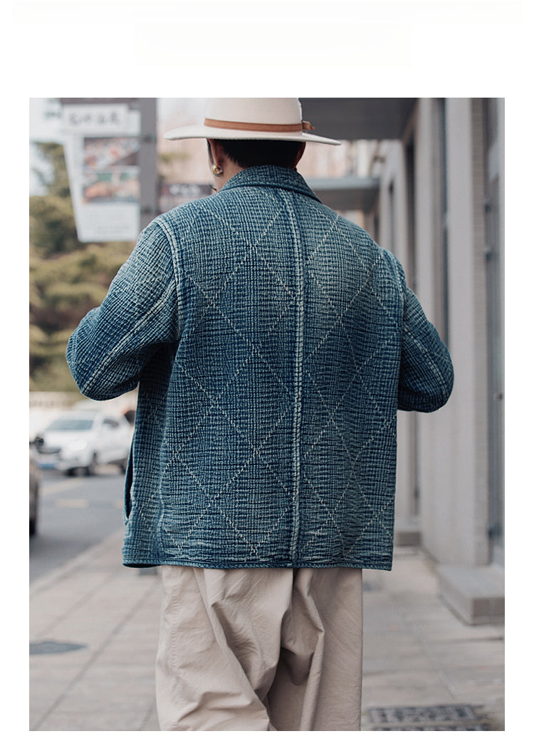 Retro Sashiko Washed Double-Breasted Jacket – Heavy Indigo Denim Workwear (Unisex)