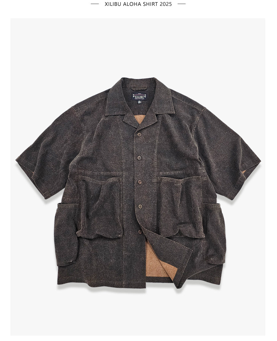 Wild Silk Cuban Collar Half Sleeve Shirt Men's Dye Yam Dyed Tussah Silk Aloha Retro Short Sleeve Shirt Summer