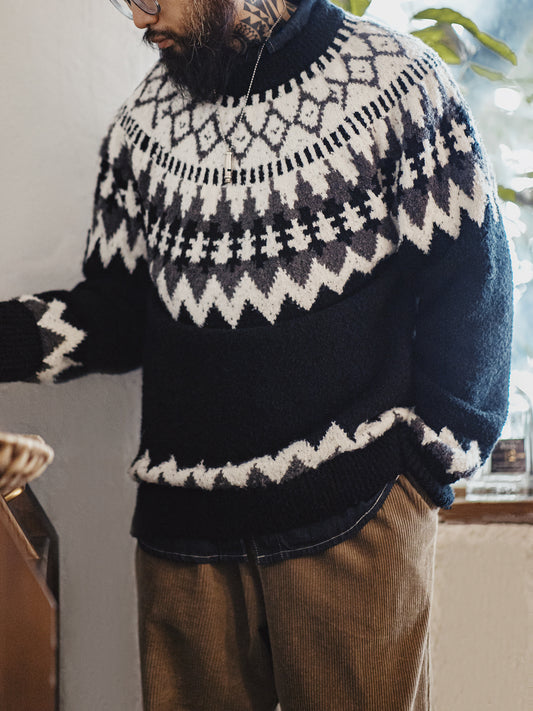 Madden Workwear Retro Icelandic Fair Isle Wool Sweater – Crew Neck, Autumn Weight (Men)