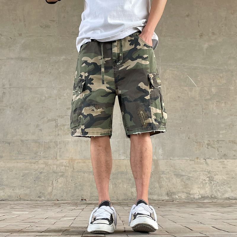 Men's American Street Retro Cargo Pants - Camouflage Heavy Washed Ripped Straight-Leg Pants