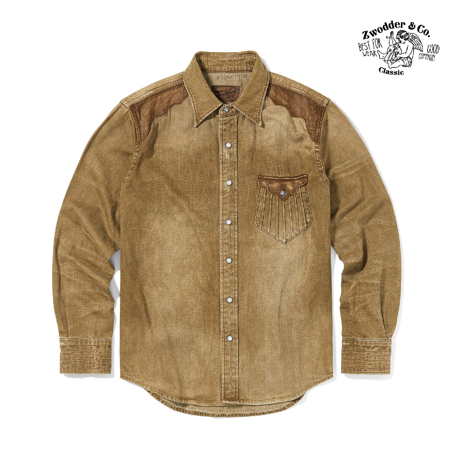 Zwodder Leather-Accent Patchwork Denim Shirt – Vintage American Washed Long Sleeve