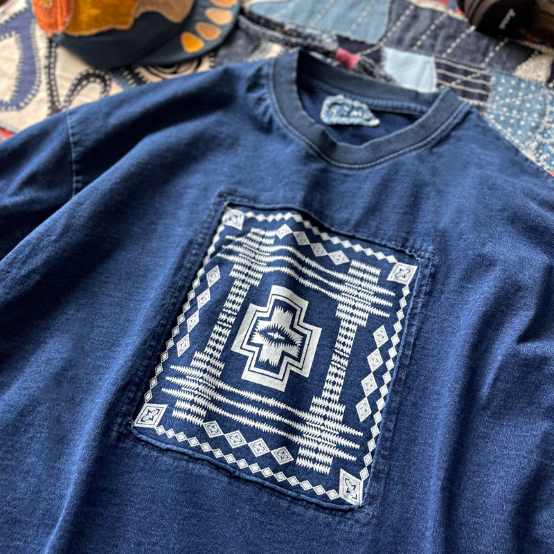 Japanese Retro Indigo Batik Craft Ethnic Style Patchwork Heavy Cotton Loose Fit Oversized T-Shirt for Men Summer Tee