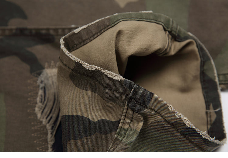 Men's American Street Retro Cargo Pants - Camouflage Heavy Washed Ripped Straight-Leg Pants