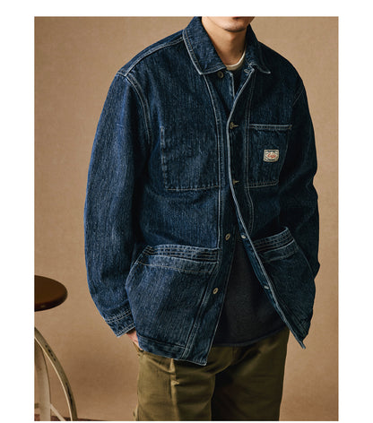 Heavyweight 15 oz Fermented-Wash Distressed Denim Jacket – Retro American Iron-Style (Unisex)