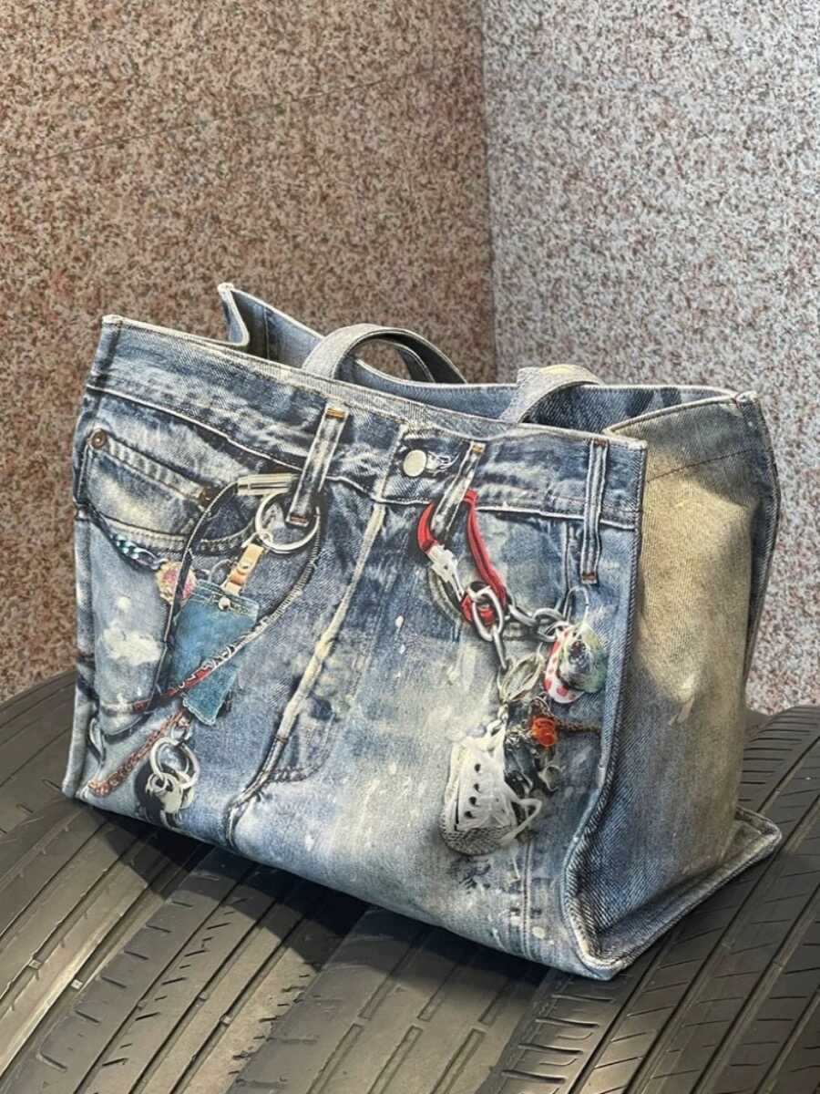 2025 Spring Summer New Vintage Denim Patchwork Color Block Handbag Shoulder Bag Large Capacity Tote Shopping Bag Women's Bag