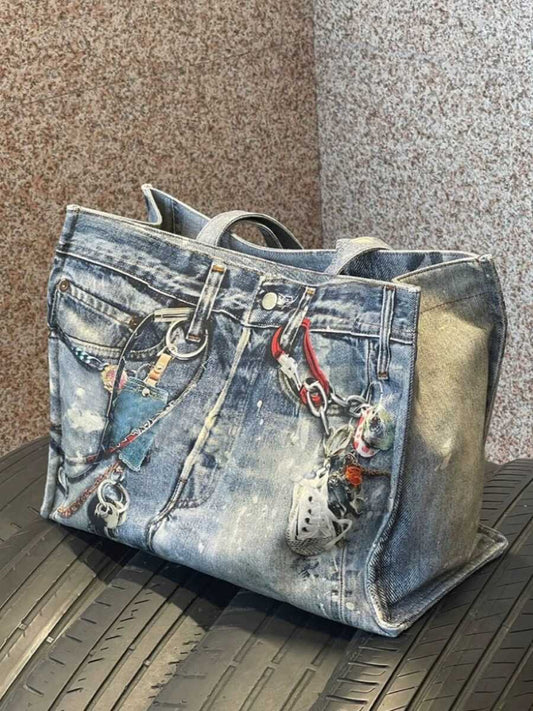 2025 Spring Summer New Vintage Denim Patchwork Color Block Handbag Shoulder Bag Large Capacity Tote Shopping Bag Women's Bag