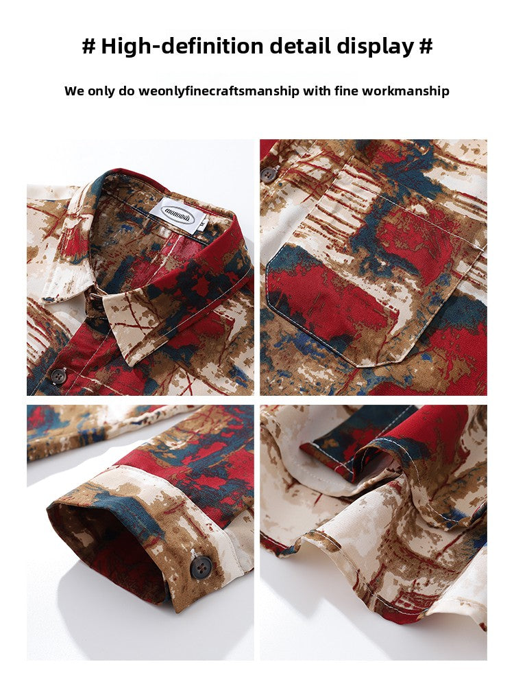 Trendy Street Irregular Oil Painting Full Print Long Sleeve Shirt for Men Autumn Niche Casual Shirt Jacket