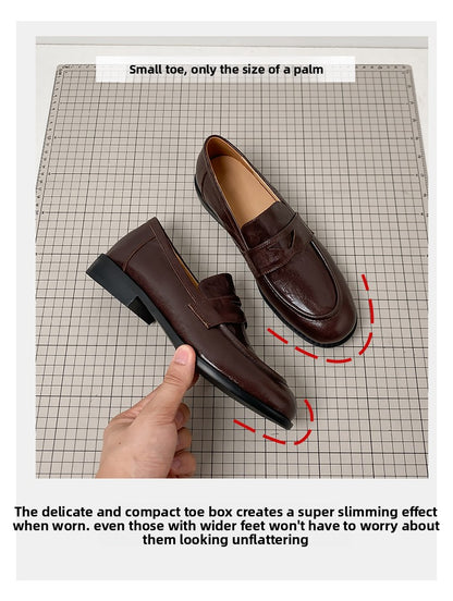 Women's Retro Genuine Leather Loafers - Sheepskin Slip-On Chunky Heel British Style Lazy Shoes