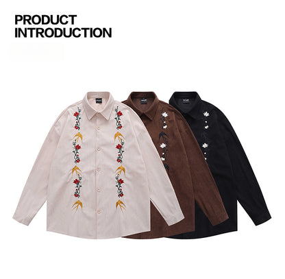 GPStudio American-Retro Floral Embroidery Corduroy Shirt – Long Sleeve, Loose Fit