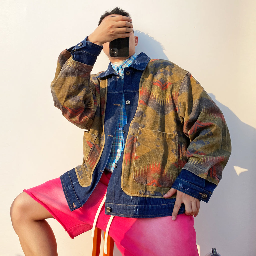 Shanwu Patchwork Blue Lapel Jacket – Retro American Streetwear, Unisex