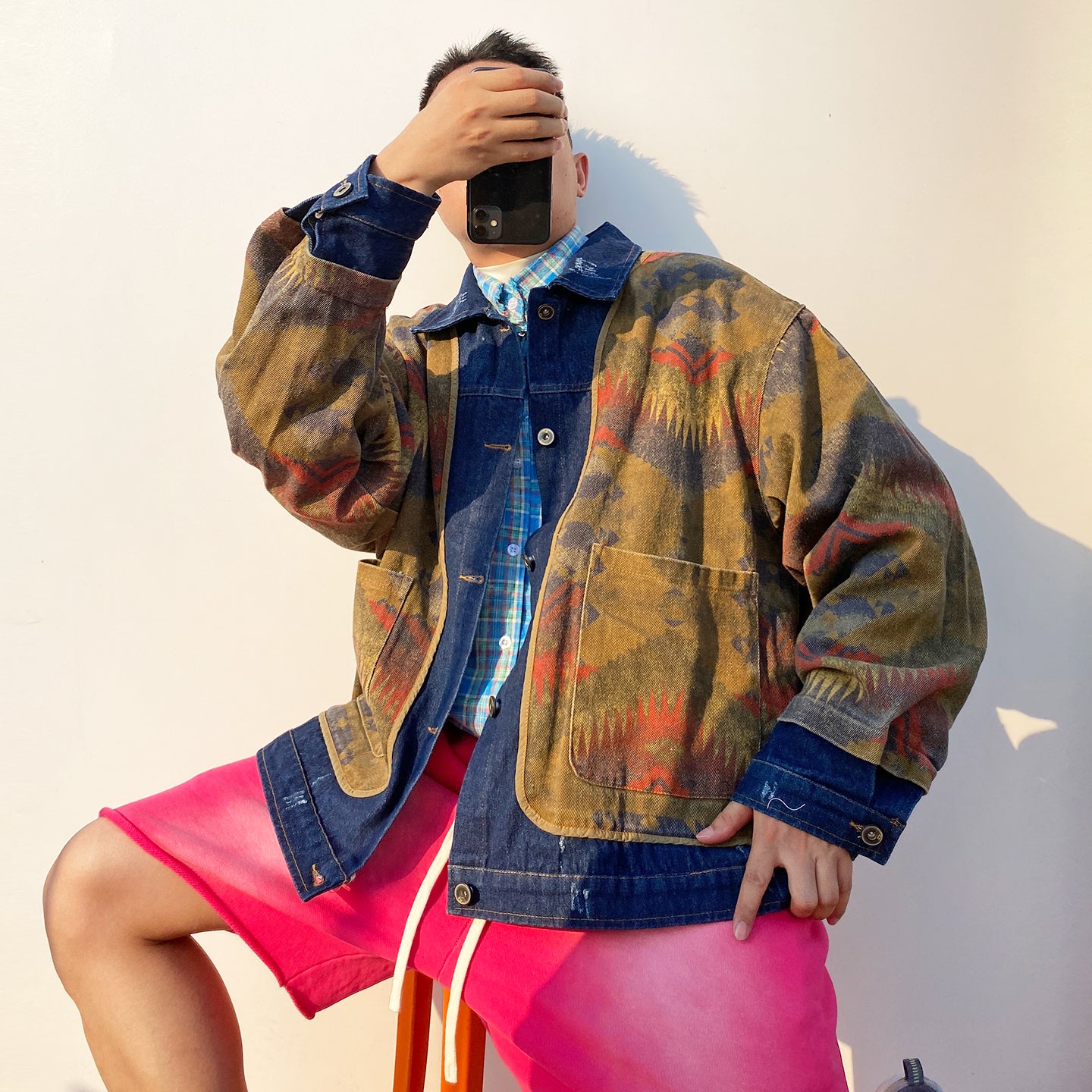 Shanwu Patchwork Blue Lapel Jacket – Retro American Streetwear, Unisex