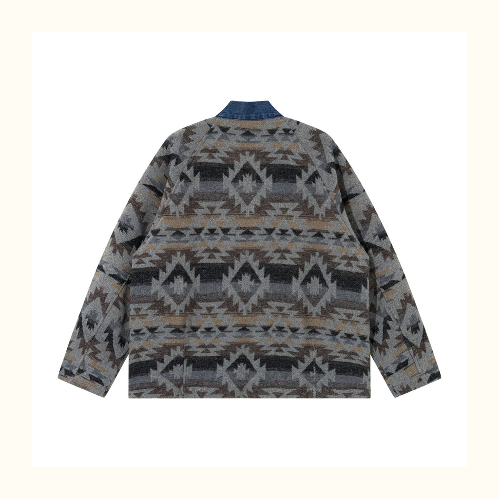 Reversible Ethnic Jacquard “Dao Robe” Denim Cardigan – Oversized Lace-Up Coat for Autumn