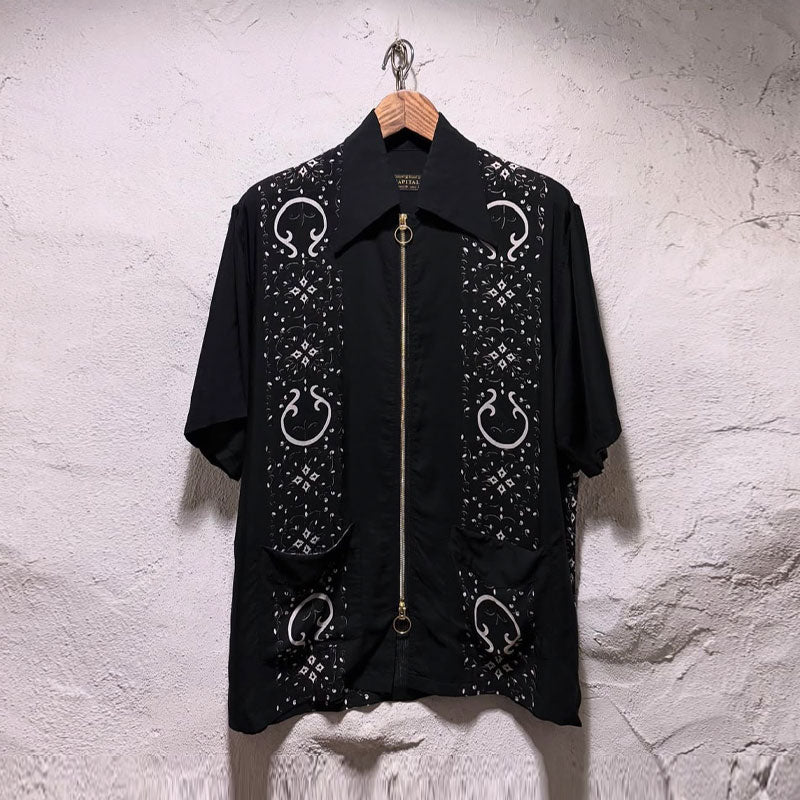 Japanese Style Casual Double Zipper Printed Short Sleeve Shirt Loose Fit Unisex