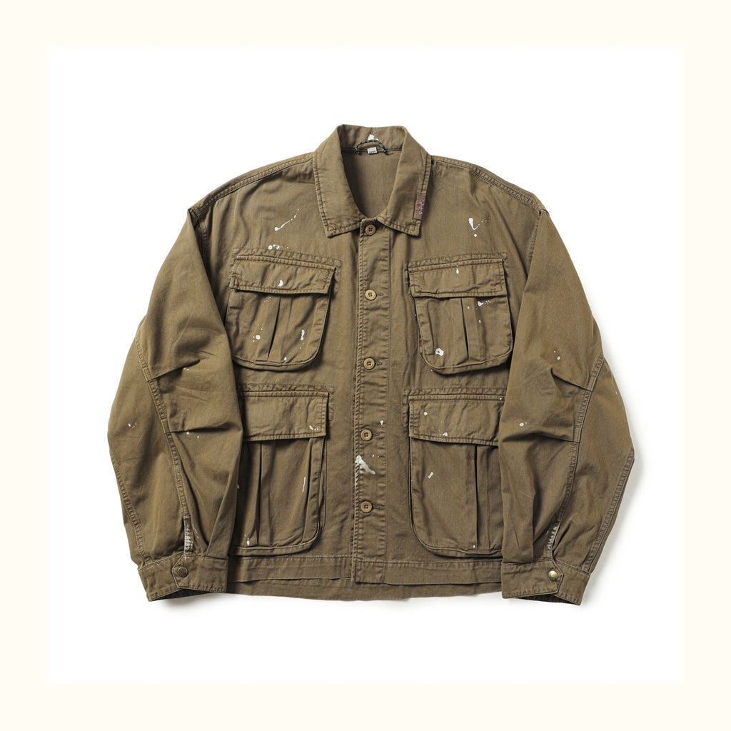 Heavy-Duty Washed Multi-Pocket Workwear Jacket – Ink-Splattered, Turn-Down Collar (Unisex)