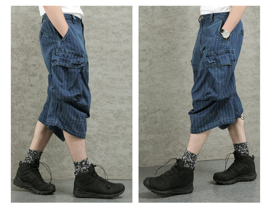 Blue Dyed Jacquard Loose Fit Scimitar Cropped Pants Japanese Retro Style with Large Pockets Casual Mid-Length Shorts