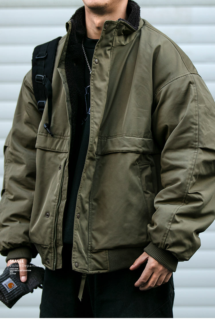 Japanese Style Trendy Brand Lamb Wool Stand Collar Cotton Jacket Men Winter Trendy Brand Couple Loose Thickened Warm Workwear Cotton Coat Jacket