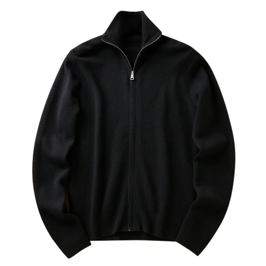 Italian Superfine Golden Wool Stand-Collar Knit – Heavyweight Cardigan Jacket for Autumn/Winter