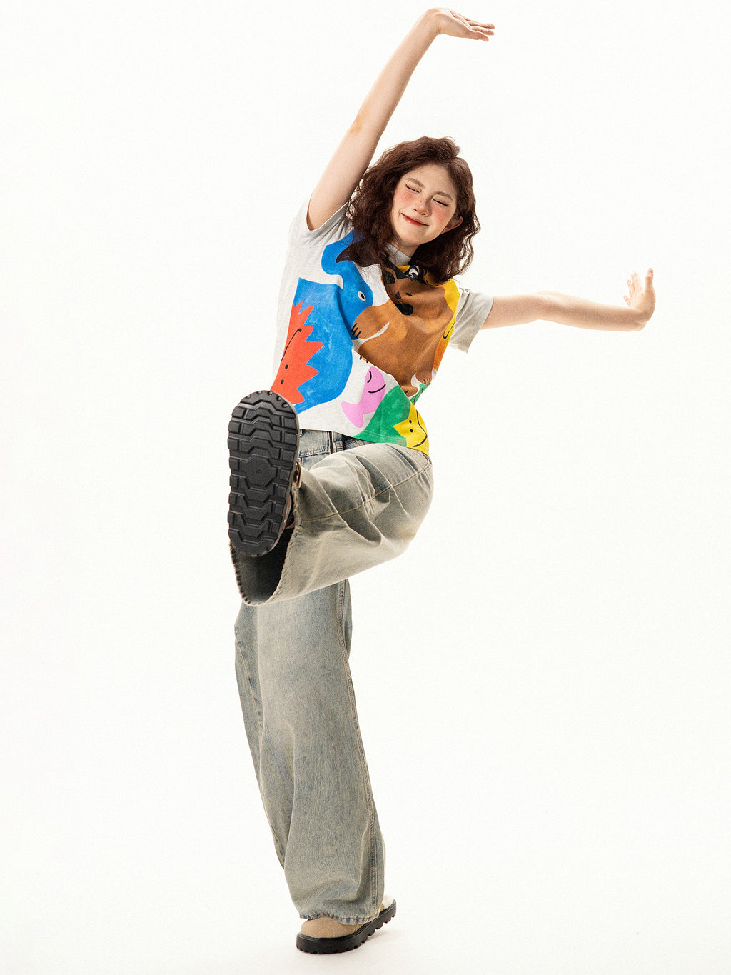 Vintage Fun Cartoon Print Regular Shoulder Short Sleeve T-Shirt for Women Summer Niche Design Slim Fit Top