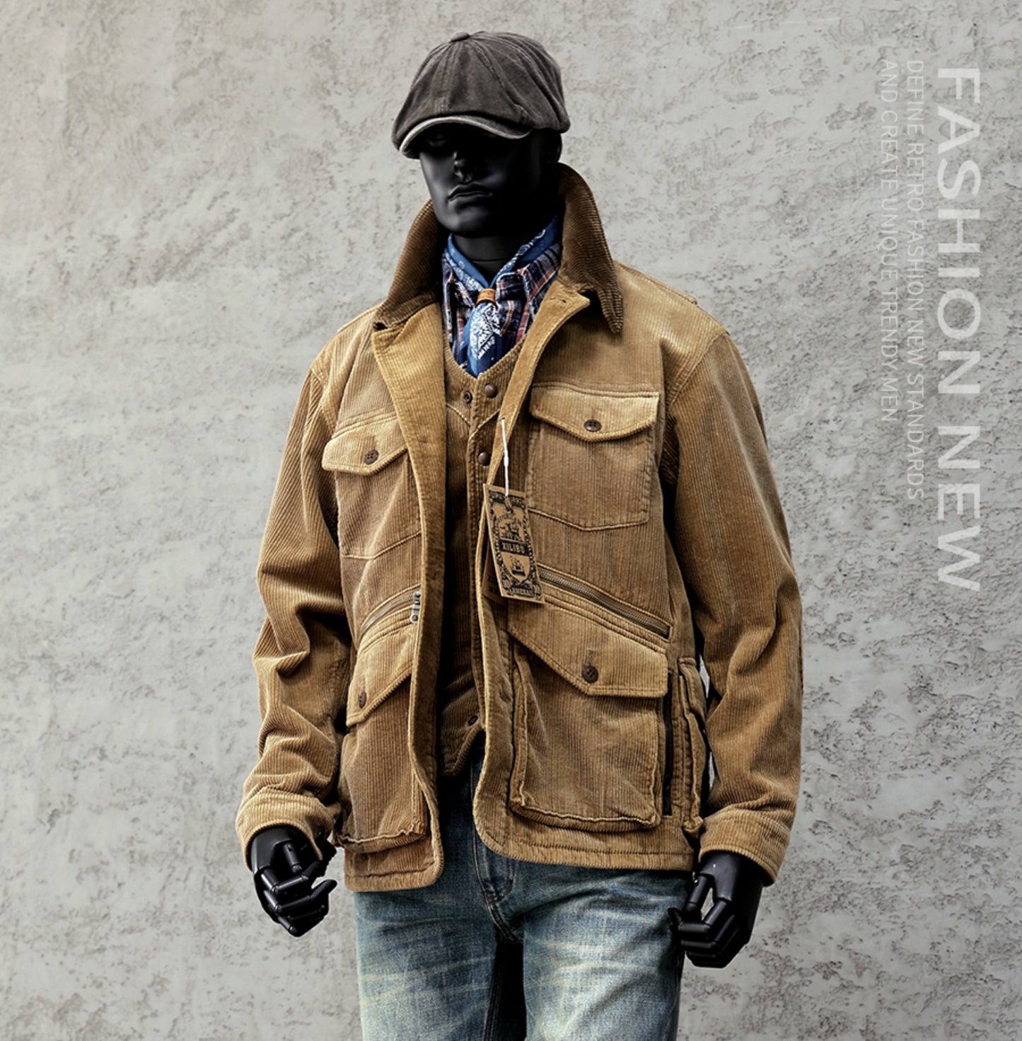 Corduroy Western Hunting Jacket for Men, Washed Multi-Pocket Outdoor Adventure Workwear Retro Windbreaker Jacket
