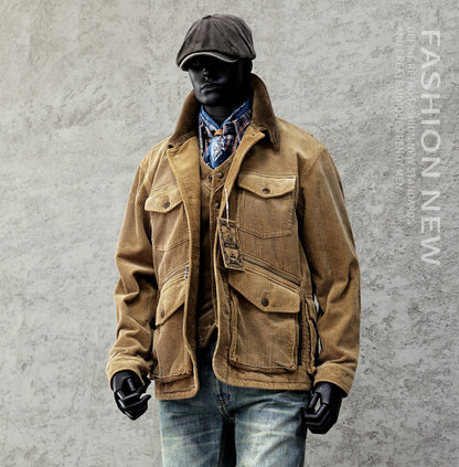 Corduroy Western Hunting Jacket for Men, Washed Multi-Pocket Outdoor Adventure Workwear Retro Windbreaker Jacket