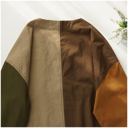 Color-Block Mid-Length Trench Coat – Japanese Retro V-Neck Single-Breasted Jacket