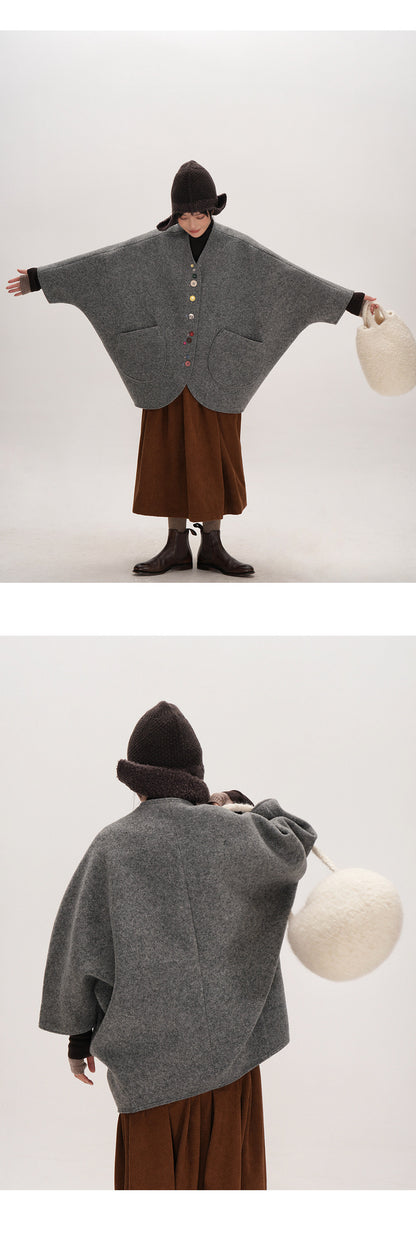 Smoke Gray Composite Wool Batwing Sleeve Cardigan - Irregular Button Coat (Women)