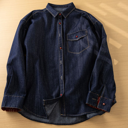 Design Sense Retro Denim Button-Front Shirt – Loose Slimming Long Sleeve for Women