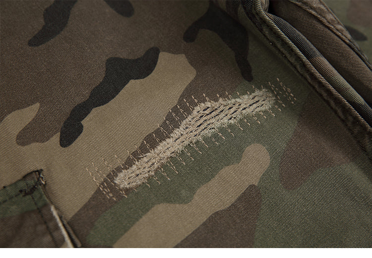 Men's American Street Retro Cargo Pants - Camouflage Heavy Washed Ripped Straight-Leg Pants