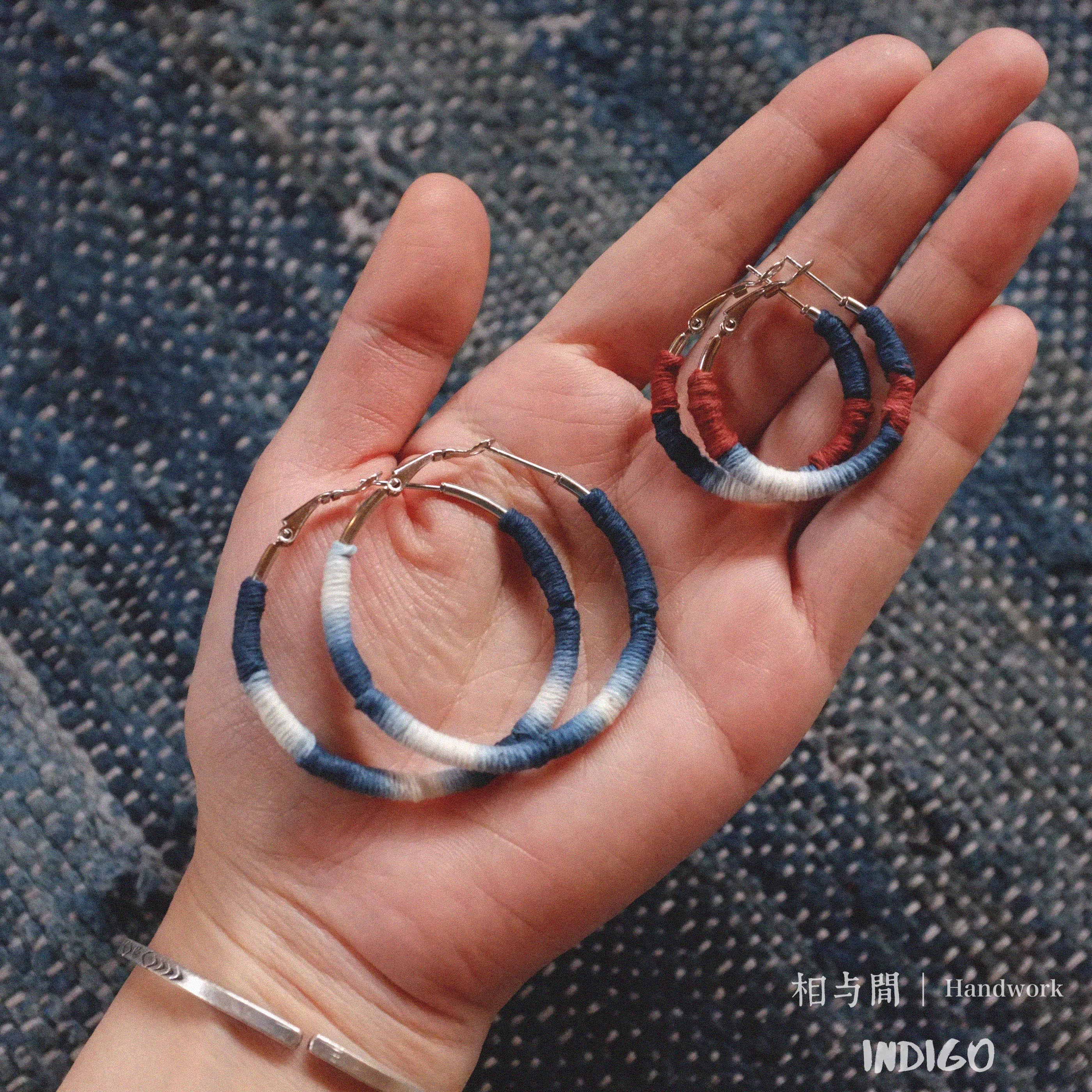 Original Earrings Handmade Blue Dye Plant-Dyed Cotton Thread Niche Geometric Circle High-End Earrings