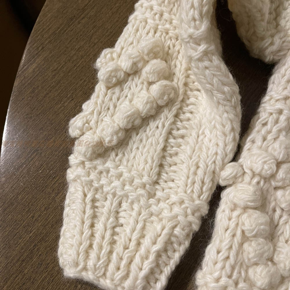 Women's Winter Wool Sweater Coat - Japanese Handmade Thick Yarn Ball Zipper Loose Knitted Top