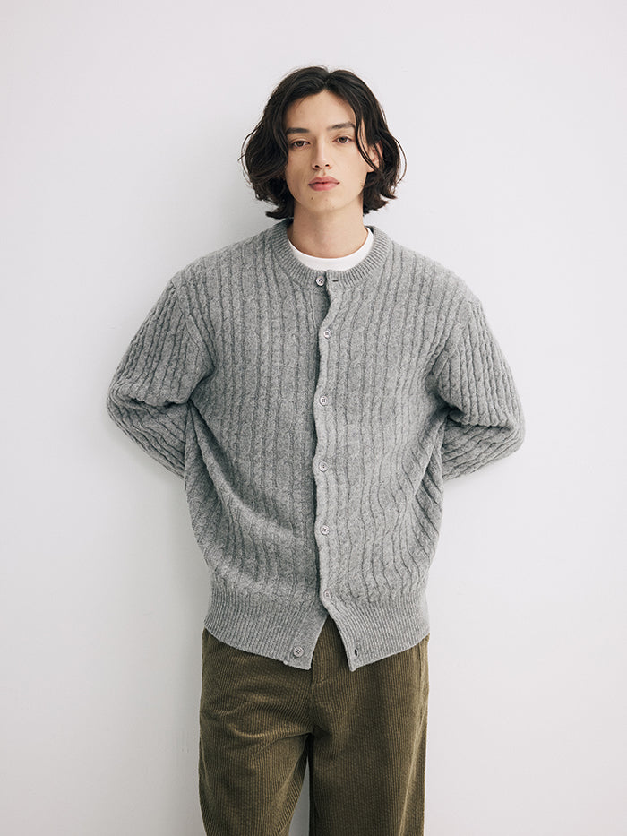 Coke Life Carpem 100% Wool Cable Knit Cardigan - Winter Lazy Style Round Neck Sweater