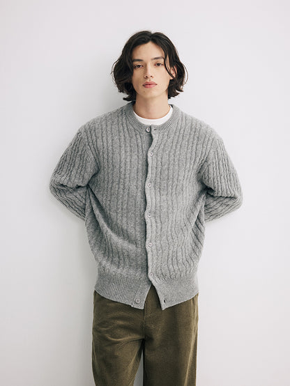 Coke Life Carpem 100% Wool Cable Knit Cardigan - Winter Lazy Style Round Neck Sweater