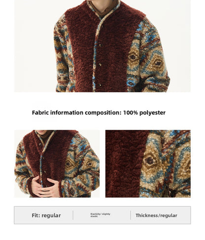 Printed Wool Patchwork Coat - Eco-Friendly Wooden Button Warm Jacket