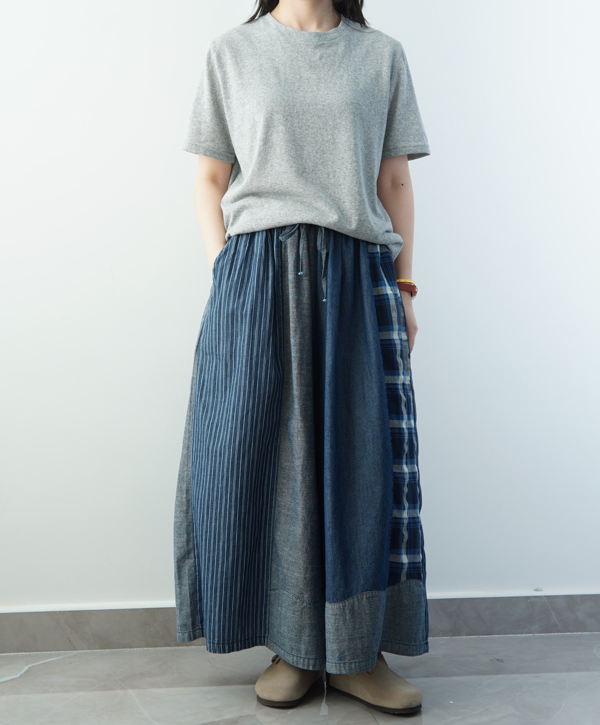 100% Cotton! Color Block Retro Denim Wide Leg Skirt Pants