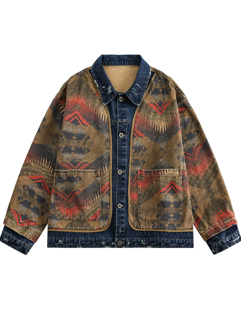 Shanwu Patchwork Blue Lapel Jacket – Retro American Streetwear, Unisex