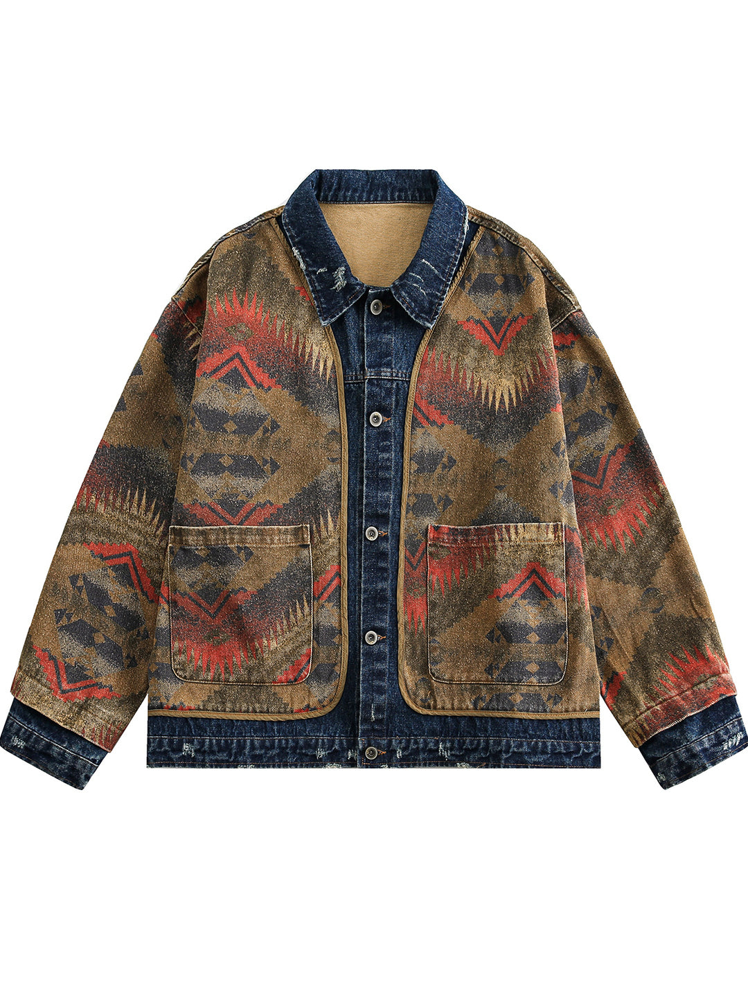 Shanwu Patchwork Blue Lapel Jacket – Retro American Streetwear, Unisex